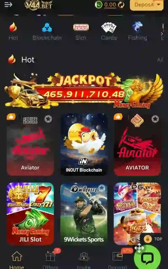 V44Bet game home screen
